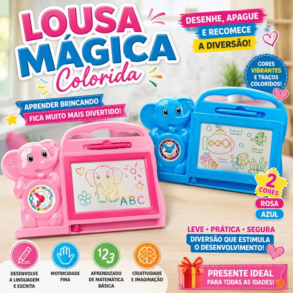 Lousa Mágica Infantil Grande Colorida | Caneta Magnética | Brinquedo Educativo S/ Sujeira e Apagador
