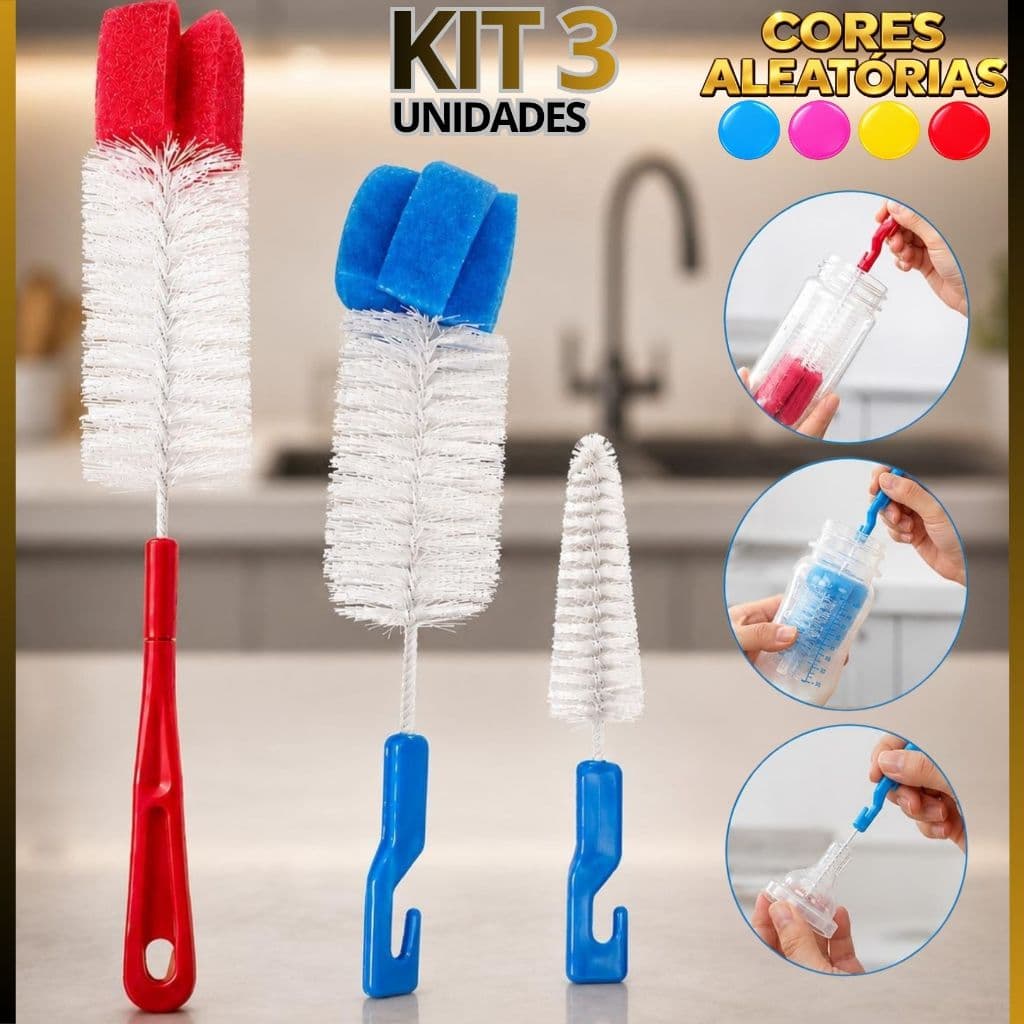 Kit 3 Escovas para Limpeza de Mamadeira Garrafas Copos e Recipientes Cores Sortidas