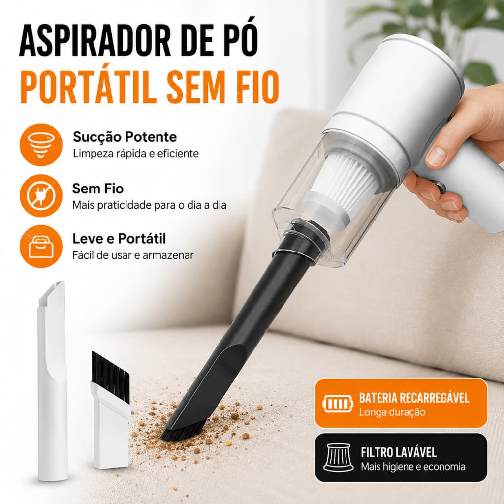 Mini Aspirador Pó Portátil 3 em 1 USB Recarregável Sem Fio Carro Casa Teclado Compacto