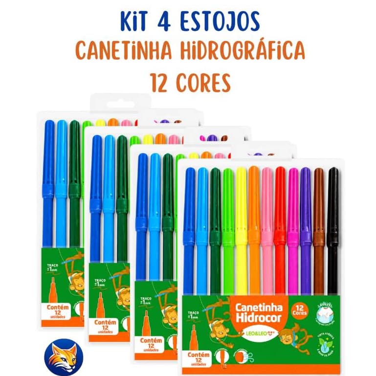 Kit 4 De Estojos Caneta Hidrográfica Hidrocor Lavável Canetinha Com 12 Cores Leo&Leo
