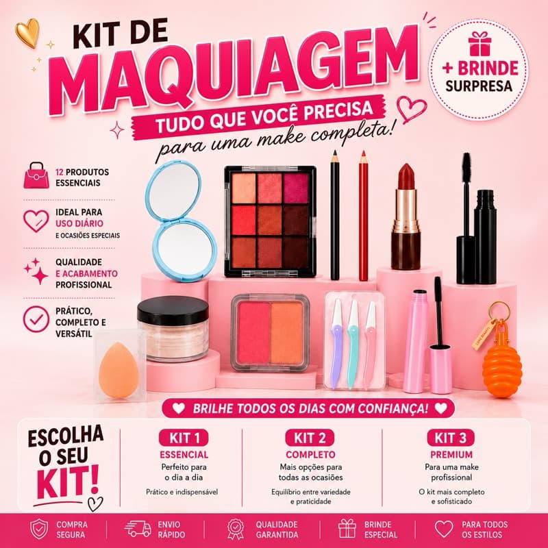 Kit de Maquiagem Completo Feminino | Escolha 8, 10 ou 12 Itens + Perfume 5ml Grátis