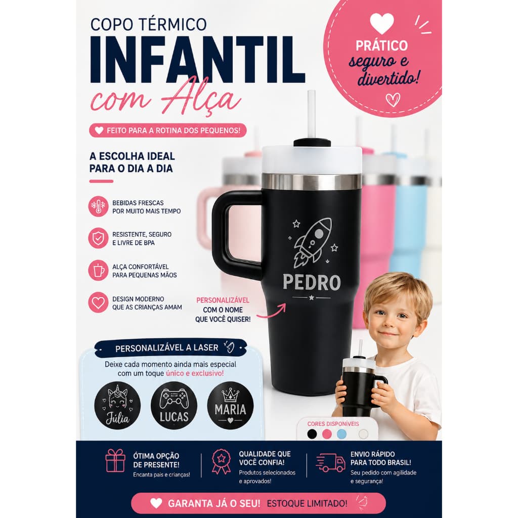 Copo Térmico Baby 500ml Personalizável com Alça e Canudo
