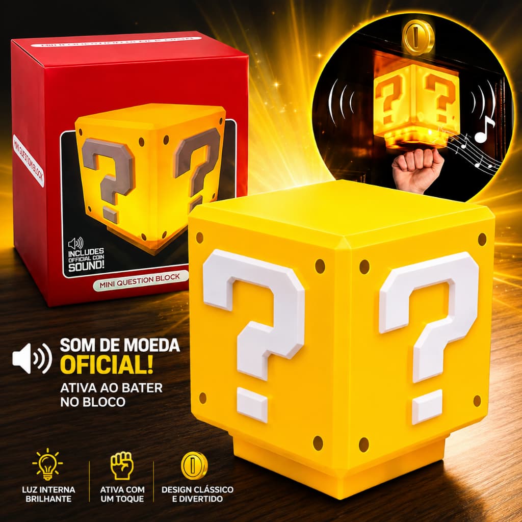 Luminária Abajur Bloco Interrogação Super Mario Com Som LED Gamer