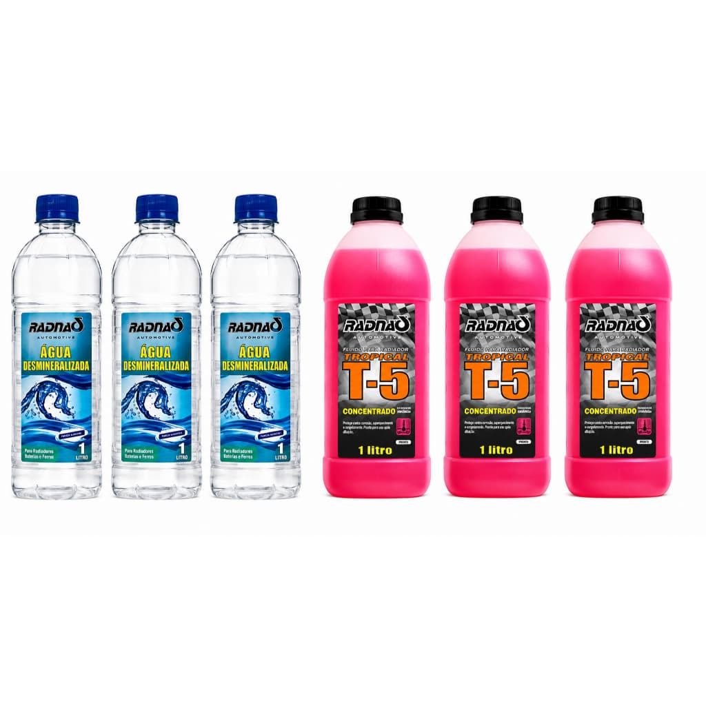 Kit 03 Aditivos Radiador T5 Long Life Concentrado Rosa + 03 Litros Agua Radiador