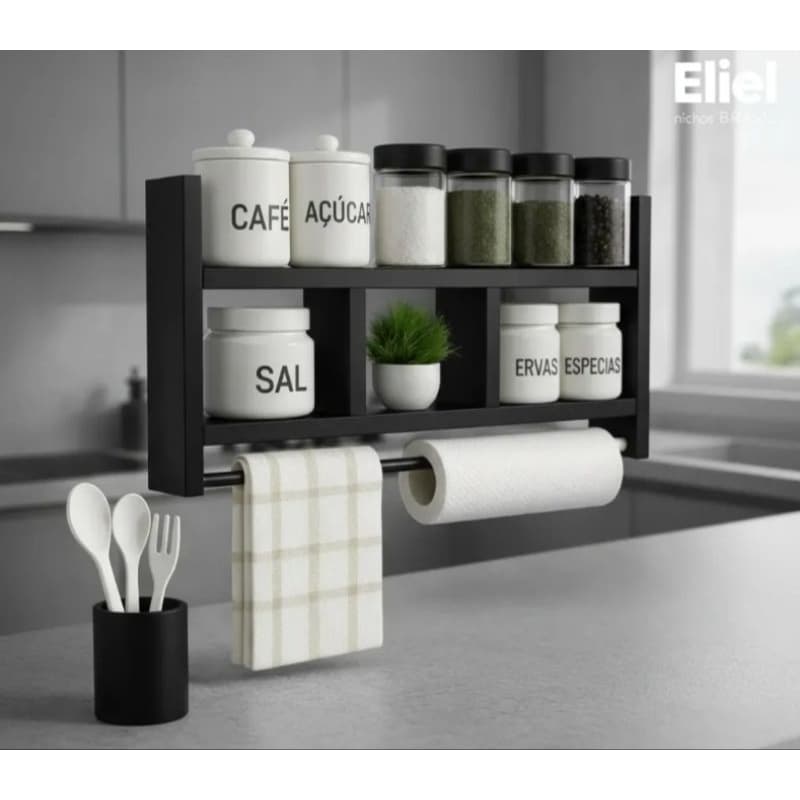 Nicho Porta Papel Toalha e Condimentos Potes Cozinha Banheiro 100% MDF BRANCO TX 15mm Tubo Metal Montado