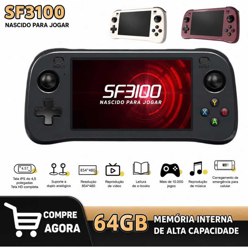 Console de jogos SF3100 tela IPS 4,5 polegadas leitor e-books, reproduz musica, videos, imagens, MP3/WMA