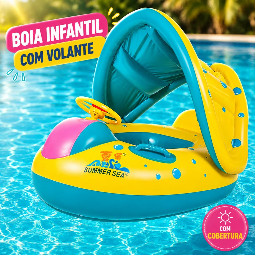 Boia Bote Inflável Bebê Infantil Piscina Carrinho com Volante Buzina Assento Cobertura Proteção Solar UV
