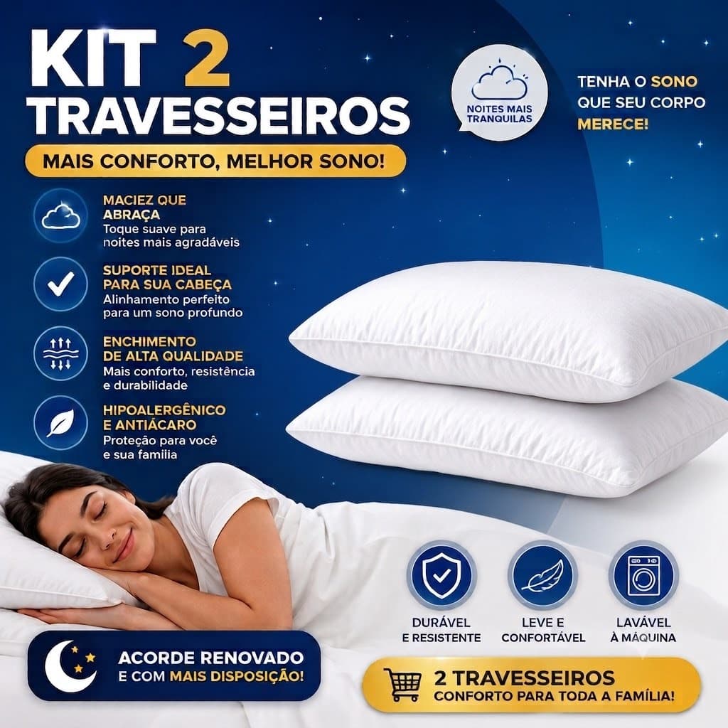 Kit Casal 2 Travesseiros Confortável Antialergico Firme Fabrica