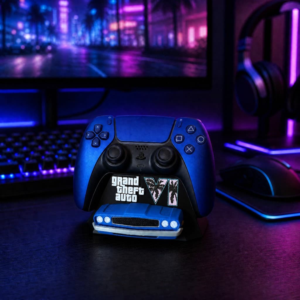 Suporte Para Controle PS5 Decorativo Estilo GTA VI Vice City - Modelo com Muscle Car Azul Amarelo Roxo Rosa