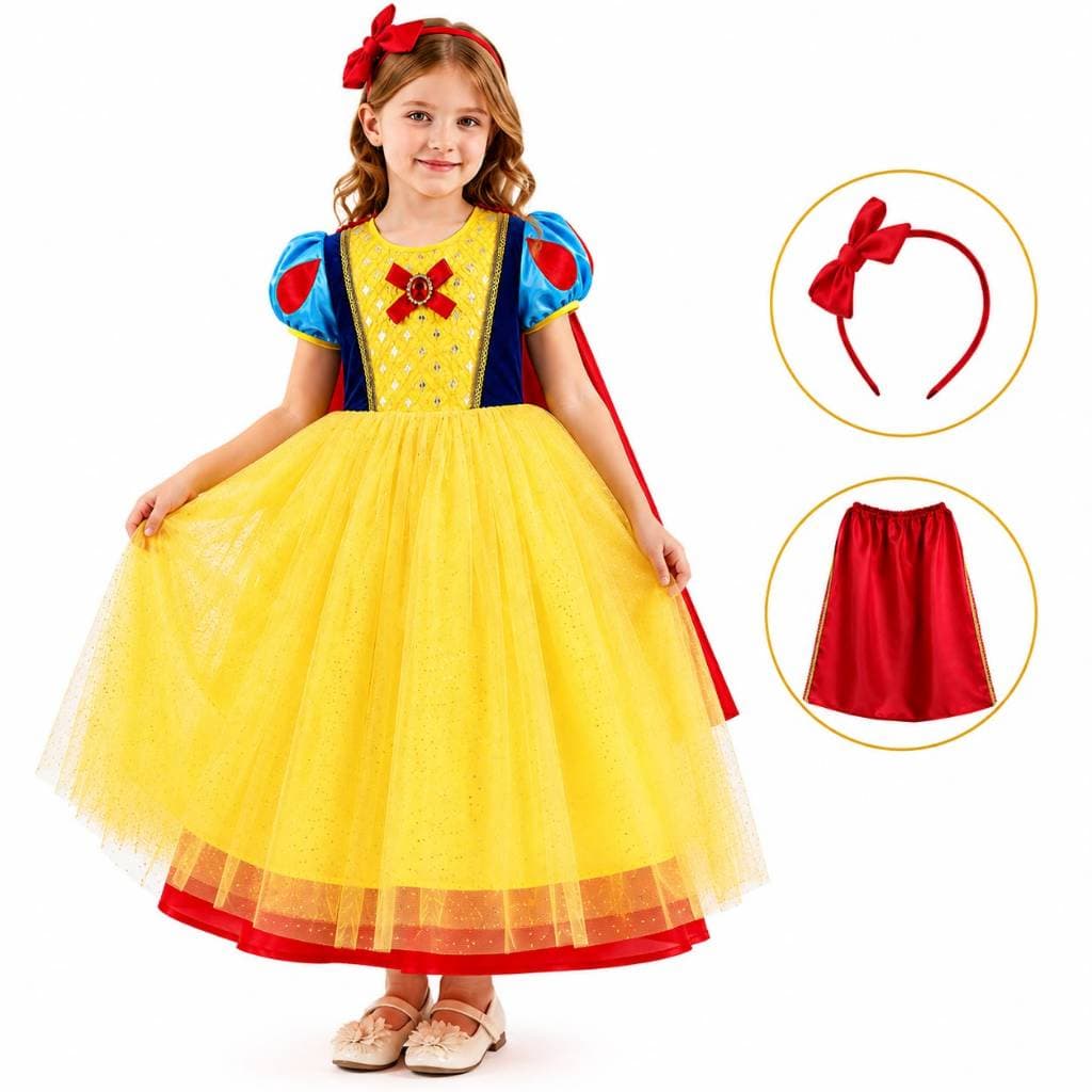 Vestido Fantasia Luxo Branca De Neve Infantil + Tiara Para Festa Cosplay