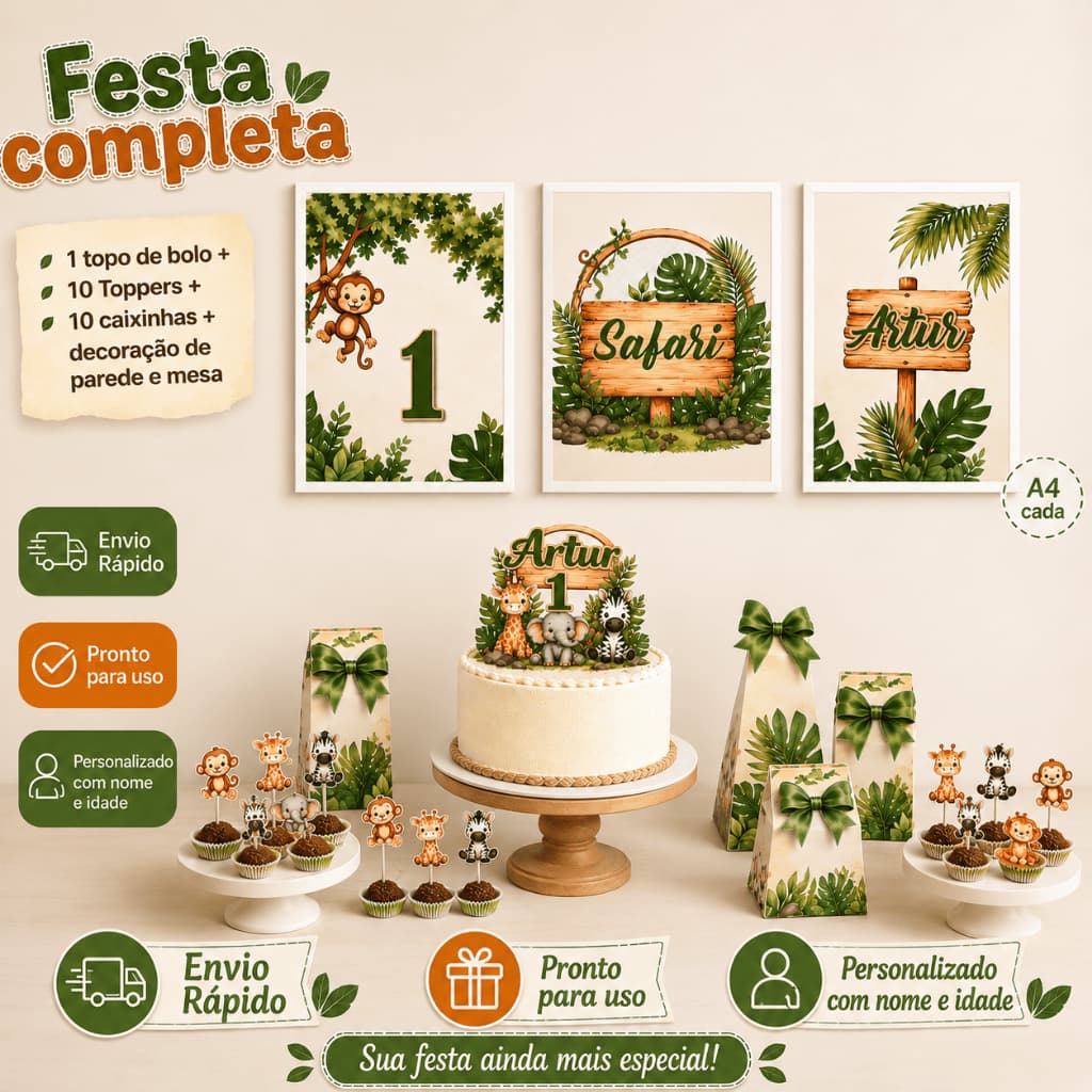 Kit festa completa personalizada Safari: topo de bolo+10 toppers doce+10 caixinhas+decoração mesa e parede