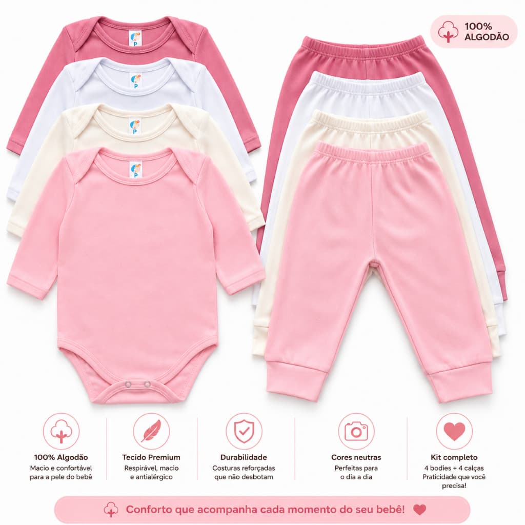 KIT 8 peças Body c/ Calça Bebê menina Canelado Sortidos - Serafina