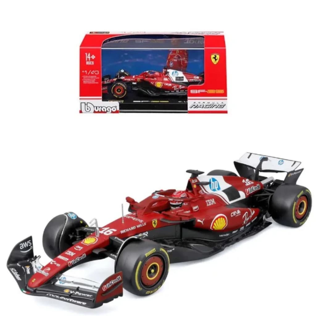 Bburago F1 2025 Ferrari Charles Leclerc - 1/43 Miniatura com Piloto e Caixa Acrílica - Fórmula 1