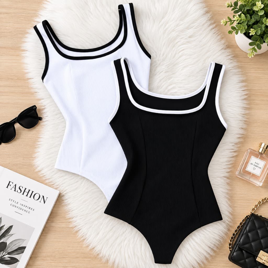 Kit-2 Body Anarruga Feminino Alça Larga Bicolor Moda Sem Bojo / Bodi Maio Moda Verao