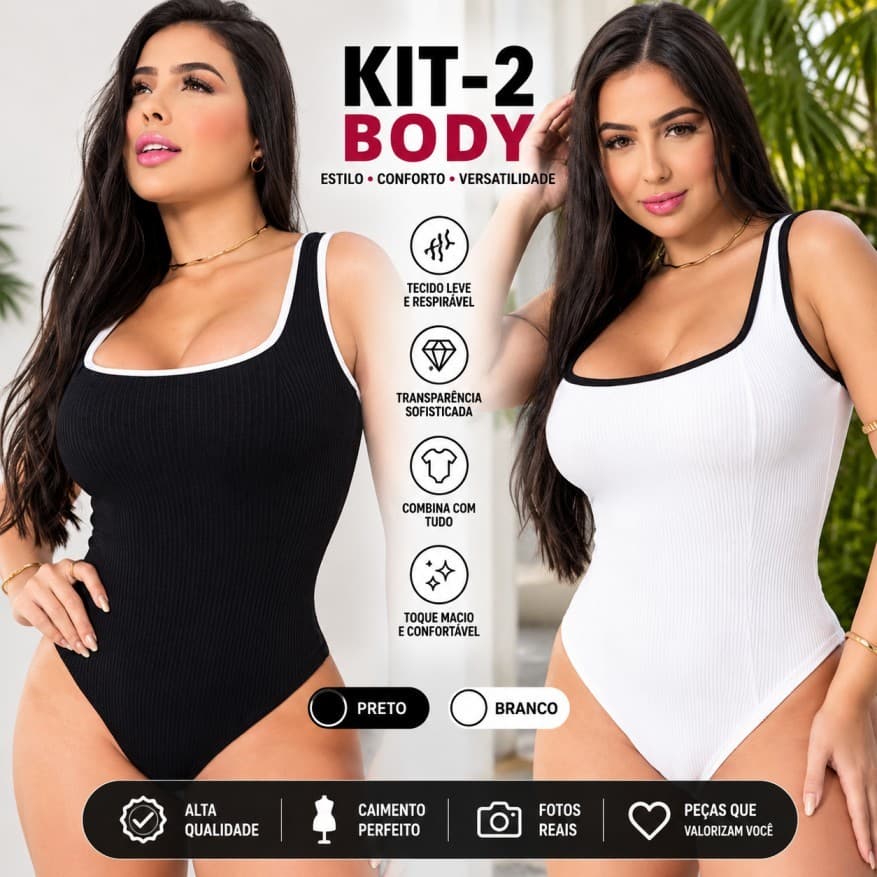 Kit-2 Body Feminino AnaRuga Canelado Alça Larga Bicolor Sem-Bojo