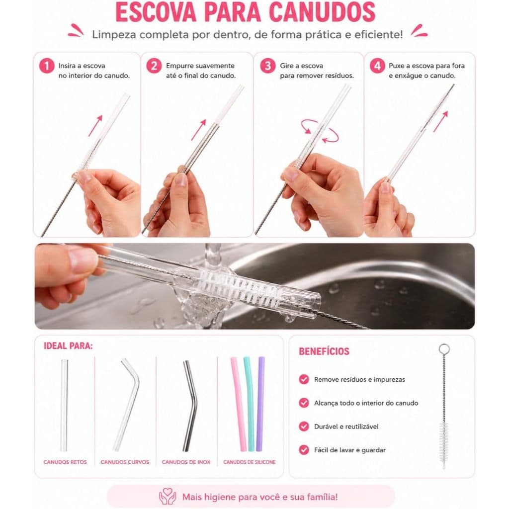 Kit com 3 Escovas para Limpeza de Canudos Reutilizáveis/Para canudos de vidro e metal.