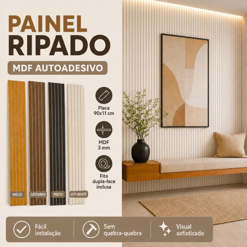 Kit Até 50 Placas Painel Ripado MDF 90x11cm Autoadesivo Revestimento Decorativo Parede