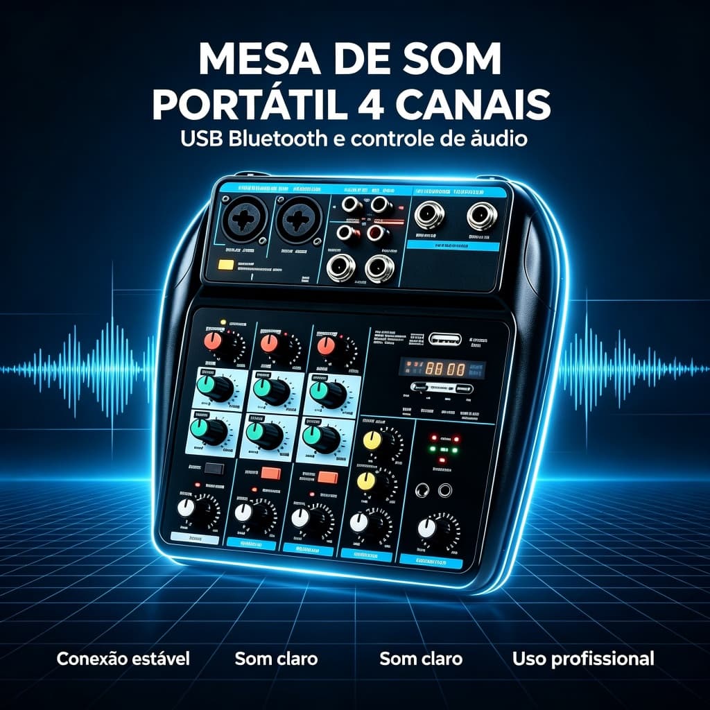 Mesa de Som Afinador A4 Mixer de Áudio 4 Canais com USB, Bluetooth e Efeito de Áudio