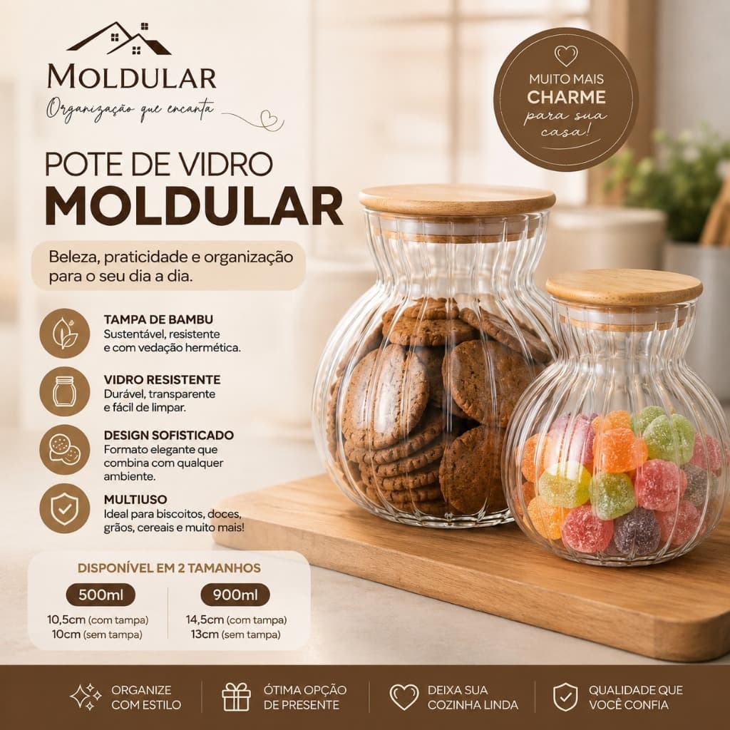 Pote de Vidro Bojudo Estilo Ampulheta com Tampa de Bambu 500ml 900ml para Mantimentos e Doces