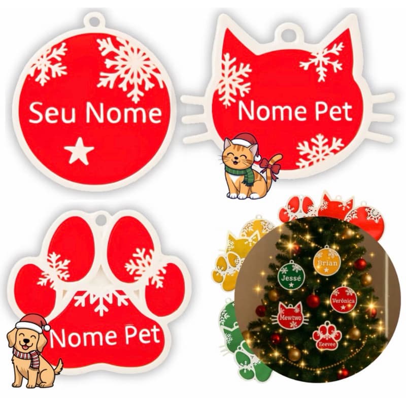 Bola de Natal Personalizada Decoração Seu Nome Pet Gato Cachorro Pata