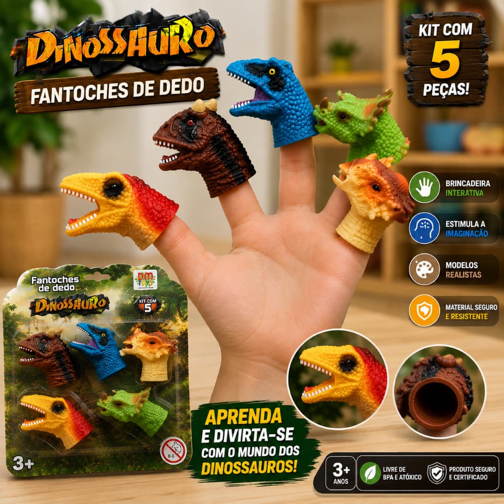 Kit 5 Fantoches de Dedo Dinossauro – Dedoches Infantis Realistas Brinquedo Interativo +3 Anos