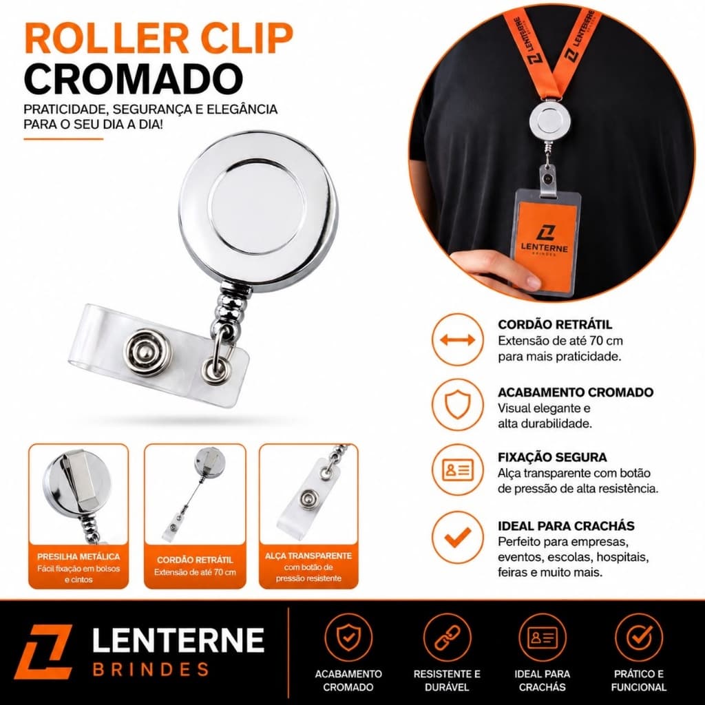 kit 100 Roller Clip Crachá Retrátil Cromado Porta Crachá Profissional