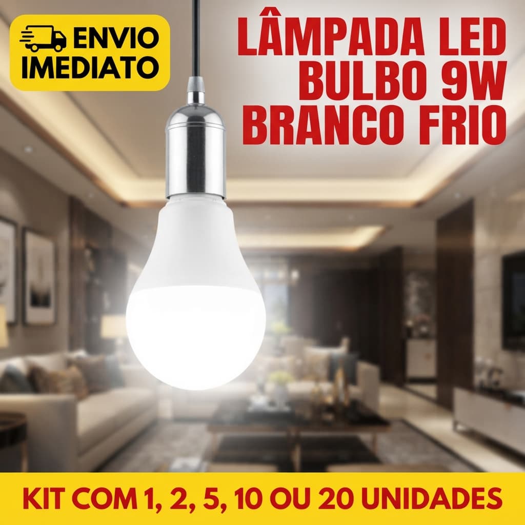 Lâmpada LED Bulbo 9W Bivolt 6500K  E27 Branco Frio Soquete Alta Potência Iluminação Casa Comércio
