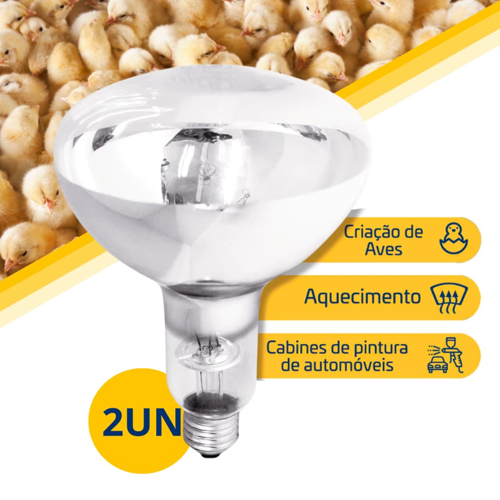 Kit 2 Lâmpada Secagem 220v Infravermelho Pintura Aquecimento Alimento Estufa Granja Pintinho