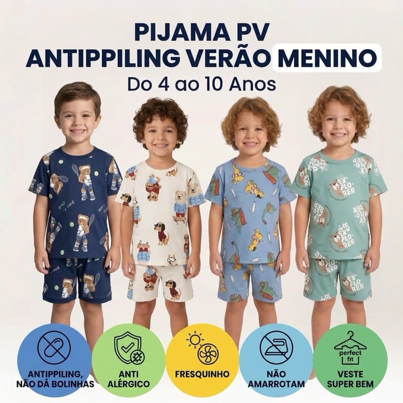 Conjunto Pijama PV Infantil Antipilling Antialérgico Verão Menino do 4 ao 10 Anos