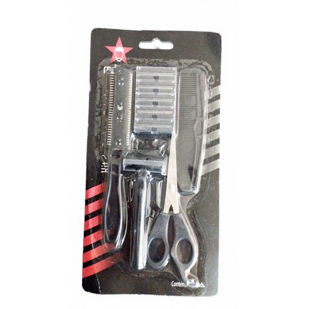 Kit barbeiro 5 peças tesoura + navalha + pente + barbeador com 5 recarga Preto