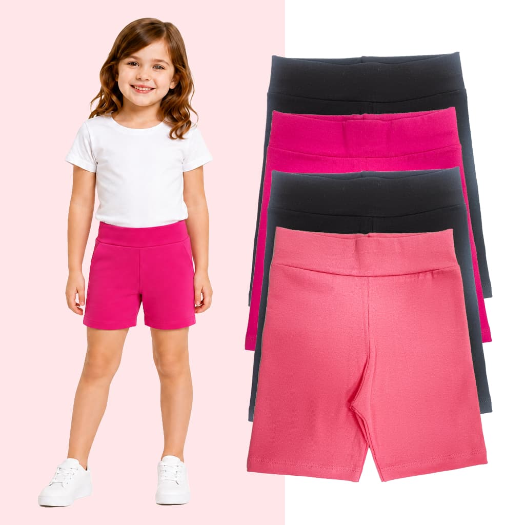 Kit 4 Shorts Cotton Legging Infantil Feminino Menina 4 a 14 Anos Básico Confortável Rosa Pink Preto Cintura com Elástico