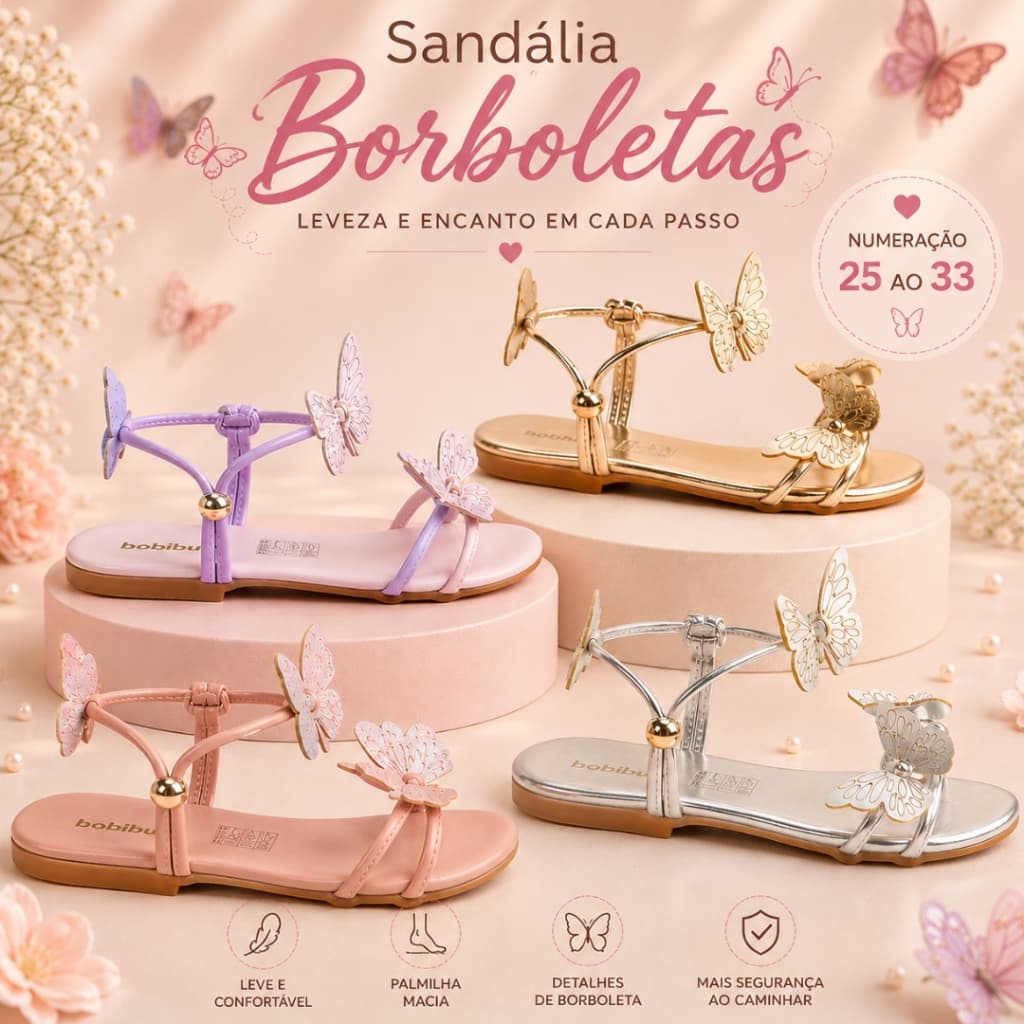 Sandália Infantil Menina Borboleta Delicada Casual Rasteirinha Blogueira Feminina