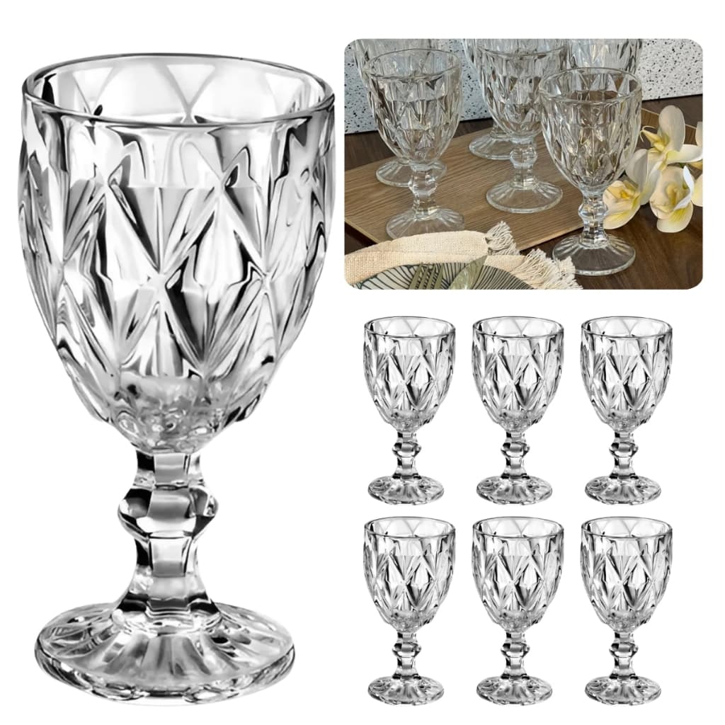 Jogo Taças Diamond Transparente 330ml Vidro Luxo Kit 2 4 6 Taças Confraternização Casamento Luxo