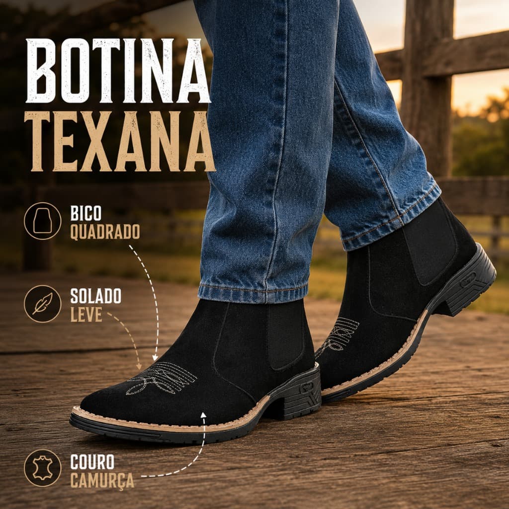 Botina Country Masculina Chelsea Camurça Bordada Preta Elástico Lateral Bico Fino