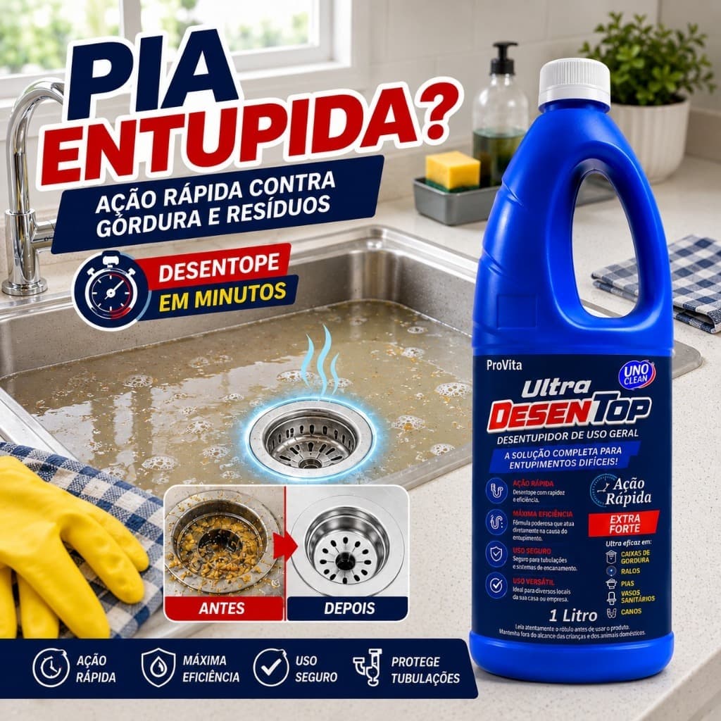 Desentupidor Líquido Concentrado Provita Desentop Ultra 1L Extra Forte Pia Ralo Vaso Sanitário Encanamento