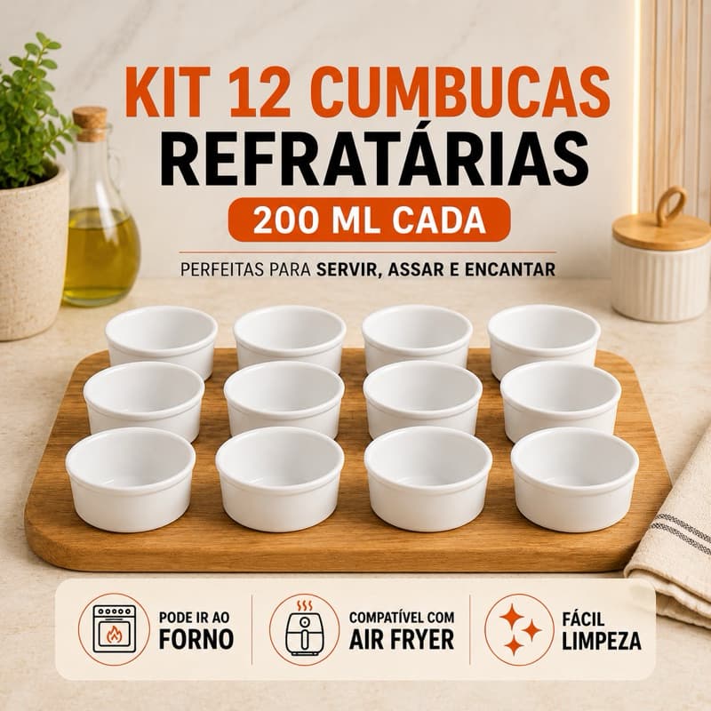 Kit 12 Cumbucas Bowl Tigela 200ml Porcelana Refrataria Branca Forno e Mesa Ideal Para Servir