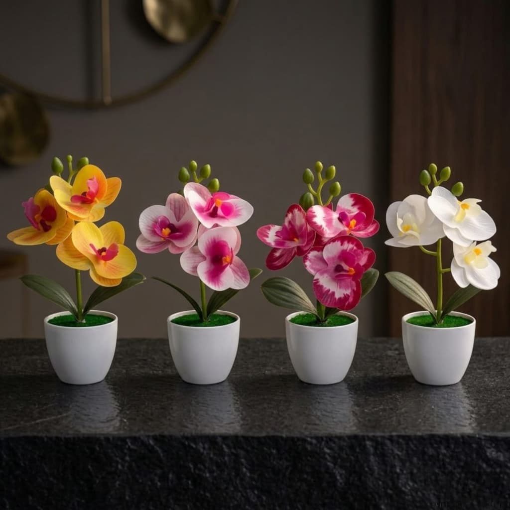 Arranjo de Orquídea Artificial com Vaso 20cm Flor Decorativa para Mesa Sala Casa Escritório