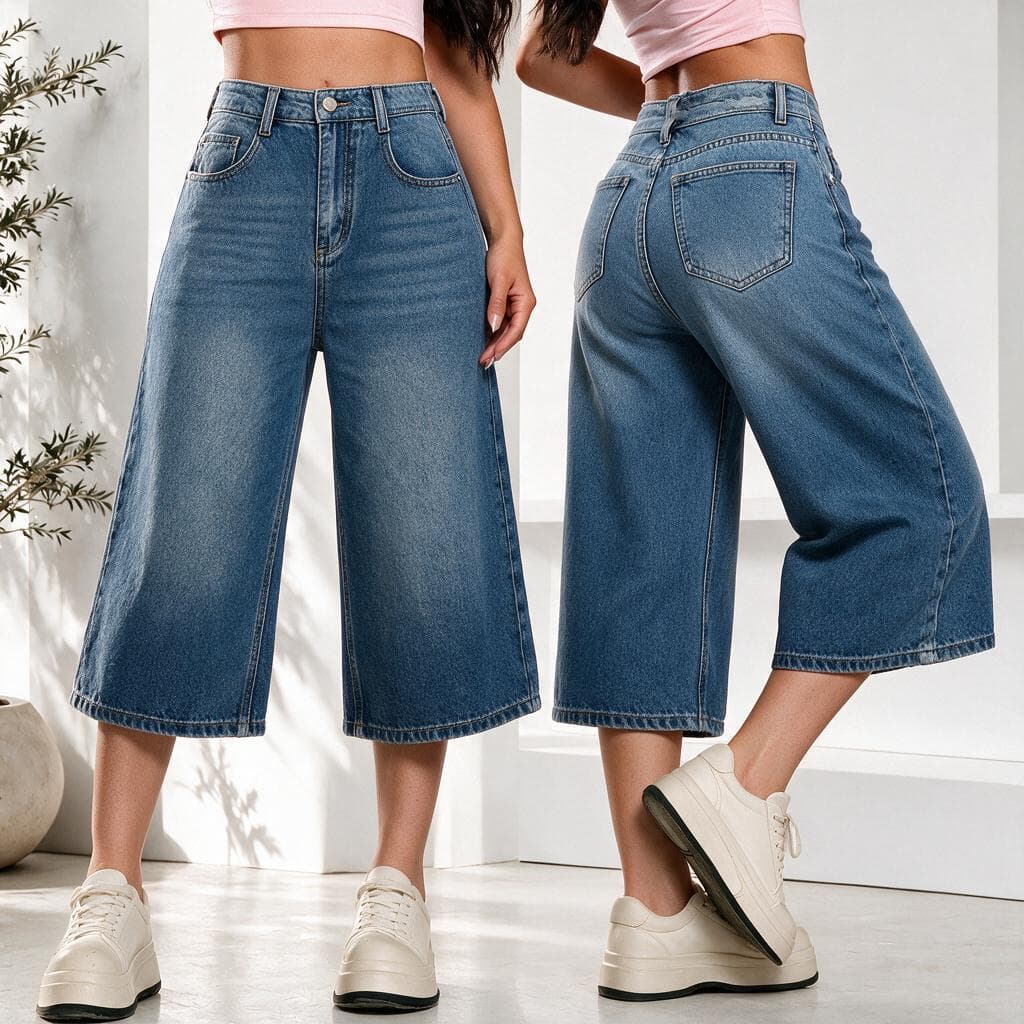 Calça Jeans Feminina Pantacourt Wide Leg Cintura Alta Perna Larga Cropped Casual Moda