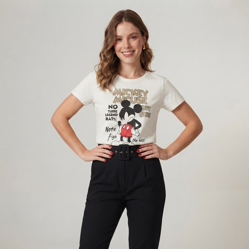 Camiseta Feminina Branca Mickey Mouse Disney Estampada Manga Curta Casual
