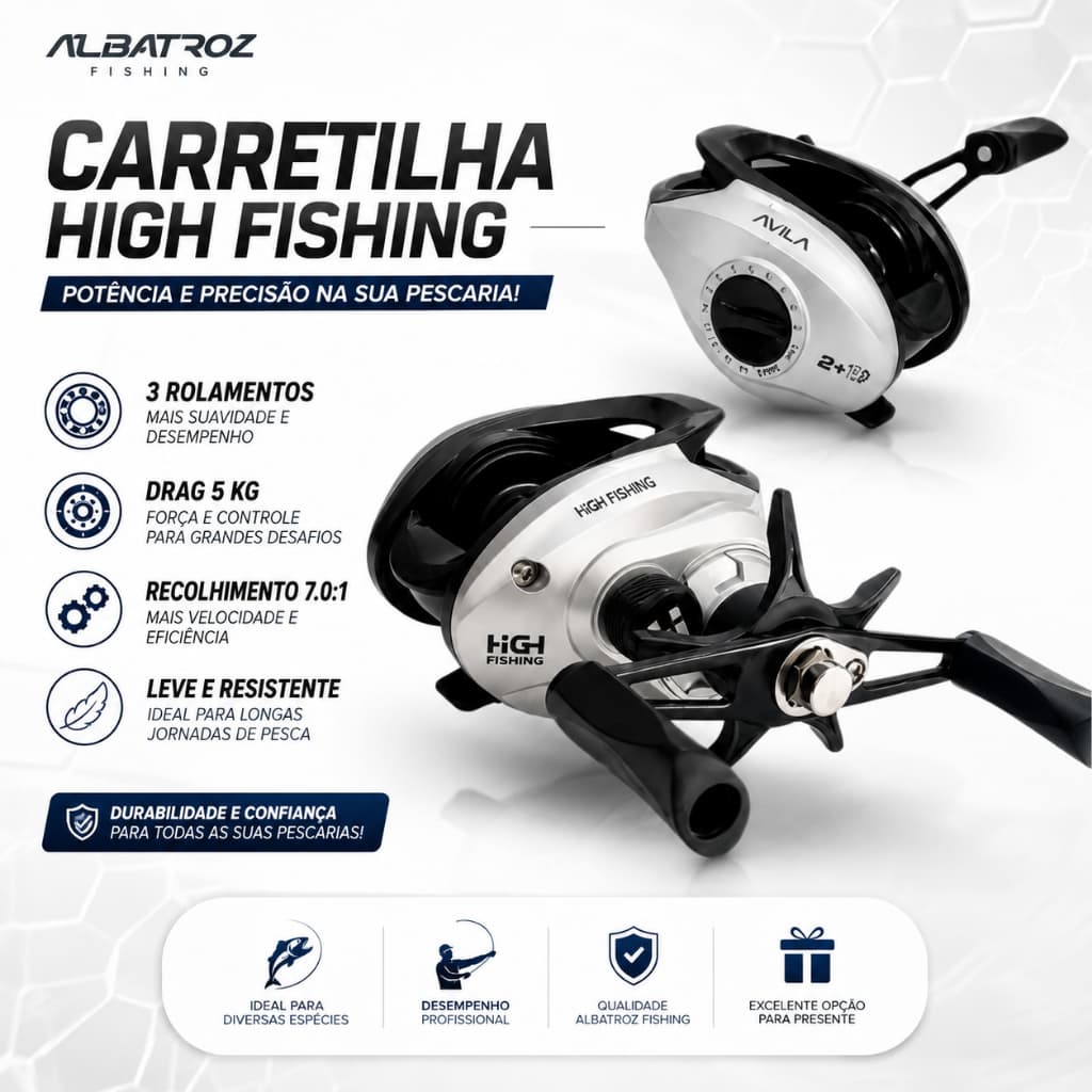 Carretilha de Pesca Profissional- Drag 5 KG 3 Rolamentos- Freio Magnético