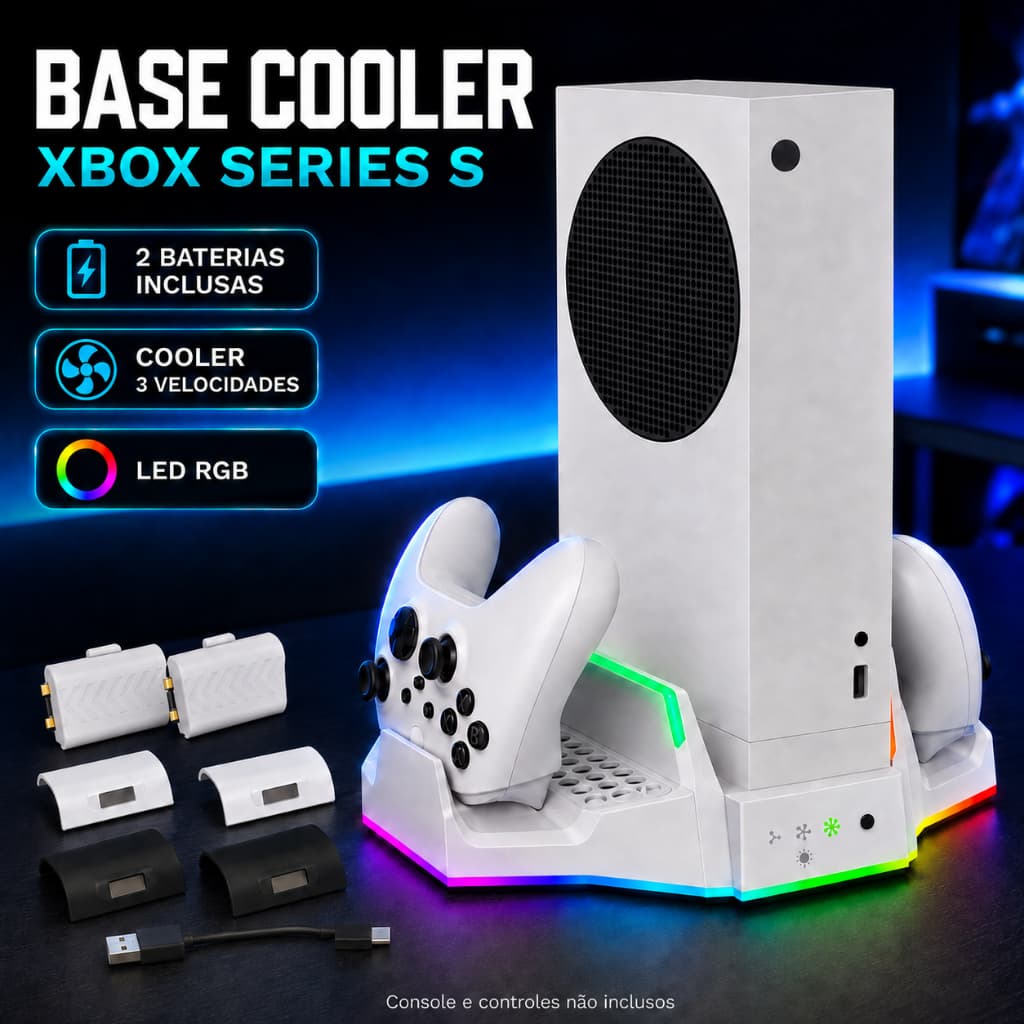 Base Cooler Carregador Para Xbox Series S Suporte Vertical LED RGB Para 2 Controles Com 2 Baterias Recarregáveis