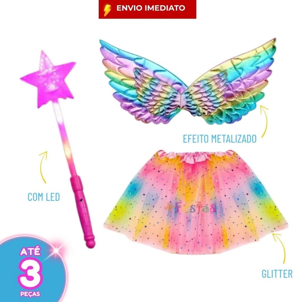 Kit Fantasia Fada Infantil Asa Metalizada Saia Fadinha Tule Glitter Varinha LED Estrela