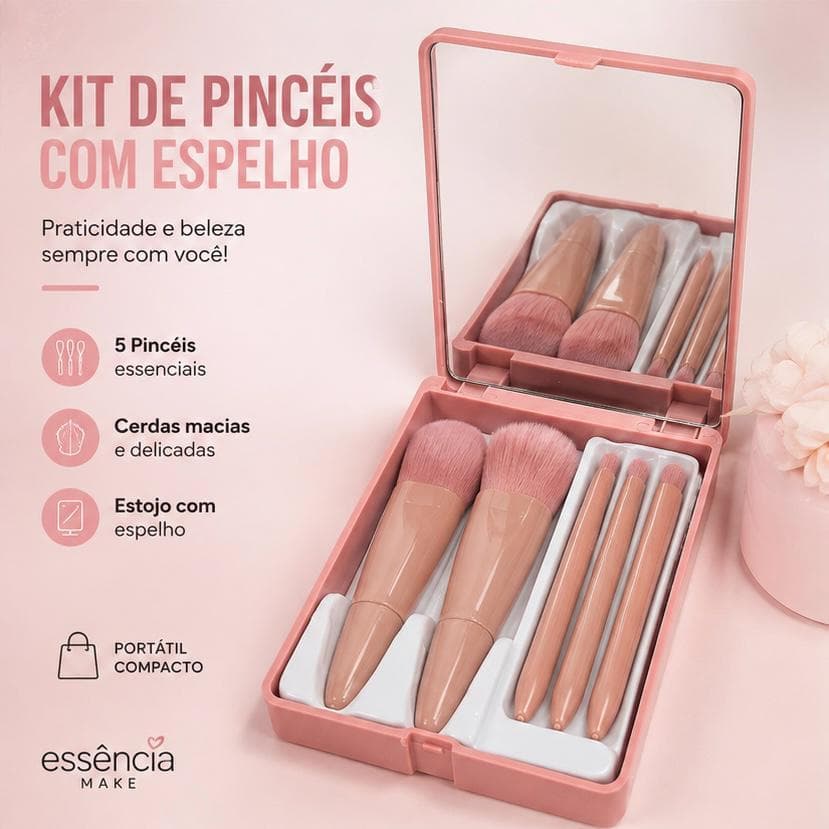 Kit 5 Pincéis de Maquiagem Essência Make com Estojo e Espelho – Pincéis Macios para Rosto e Olhos