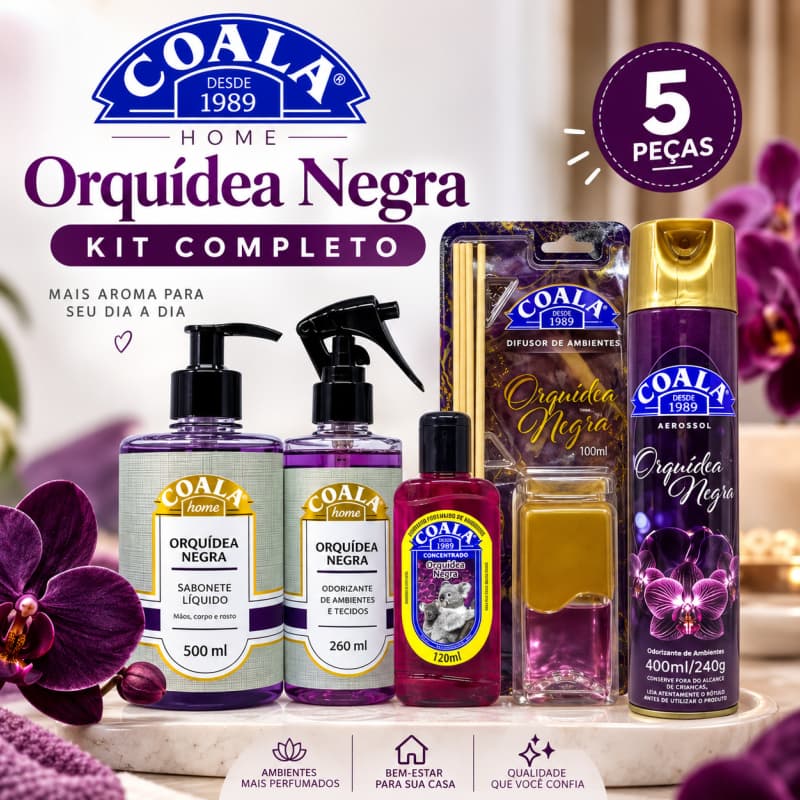 Kit Coala Home Orquídea Negra Linha Completa 5 Peças Difusor, Limpador e Sabonete