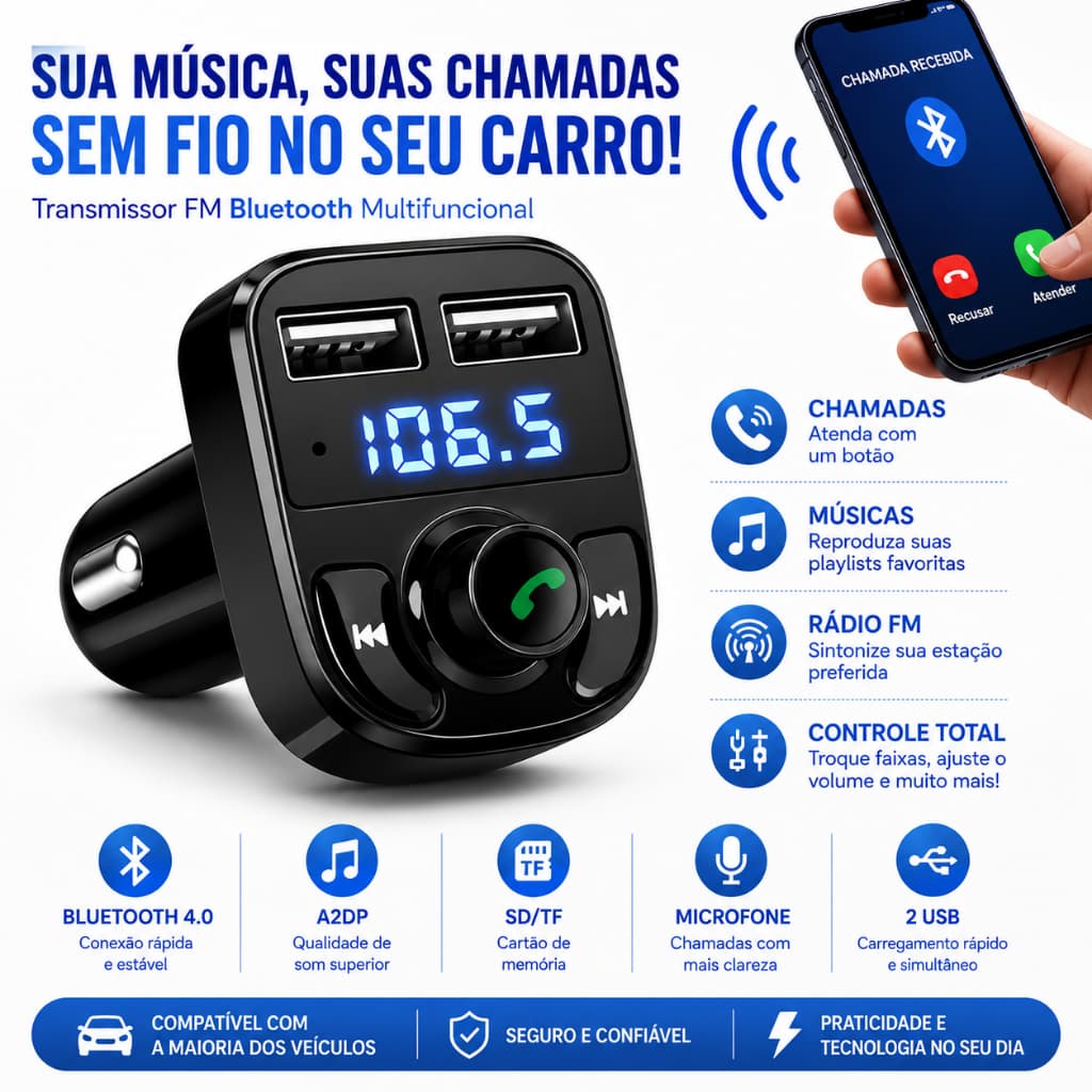 Adaptador Bluetooth Carro Transmissor FM Carregador Veicular Cinzeiro Android e iPhone