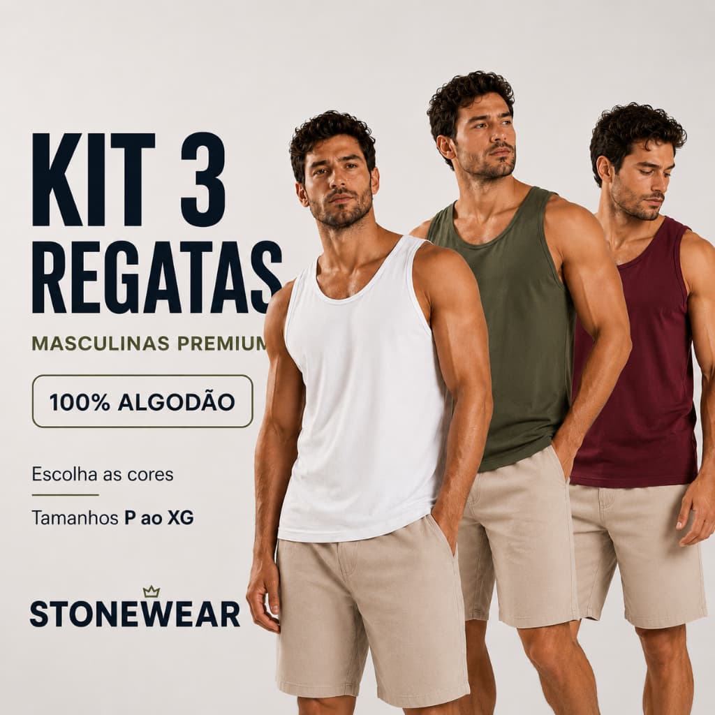 KIT 3 Regata Masculina Premium 100% algodão