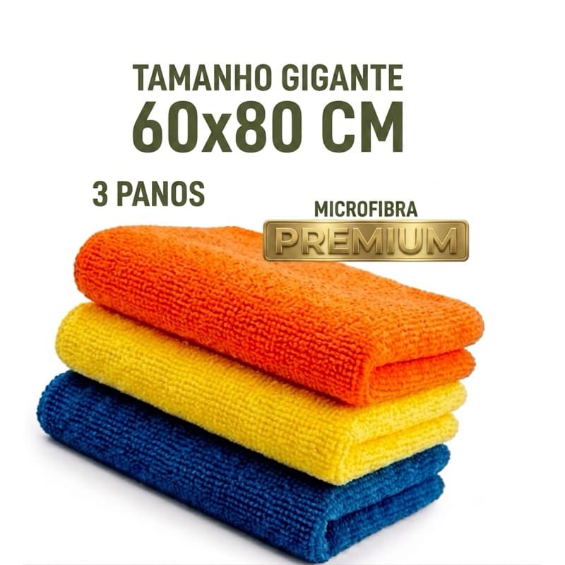 Pano Microfibra Premium 80x60cm Multiuso Alta Absorção Limpeza Casa Carro Vidros 3 Panos