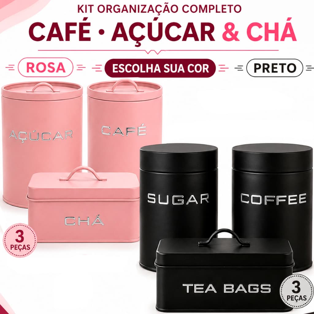 Pote Porta Mantimentos Metal Rosa - Preto Retrô Café Açúcar e Chá Kit 3 Peças ou Unidade Avulsa Lata Decorativa Cozinha