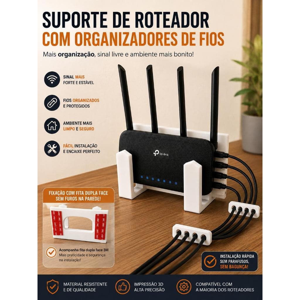 Suporte para Roteador de Parede S/Furo C/ Fita 3M Organizador WiFi Universal P/ Modem WiFi Adesivo  C/organizador Fio