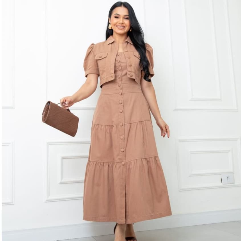 Conjunto Feminino Midi em Sarja Premium com Jaqueta Cropped Manga Curta